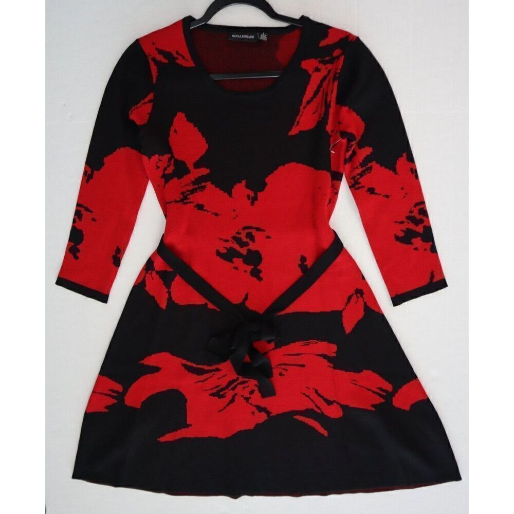 Nina Leonard Women's Sz S Red Floral Belted Jacquard Fit & Flare Sweater Dress